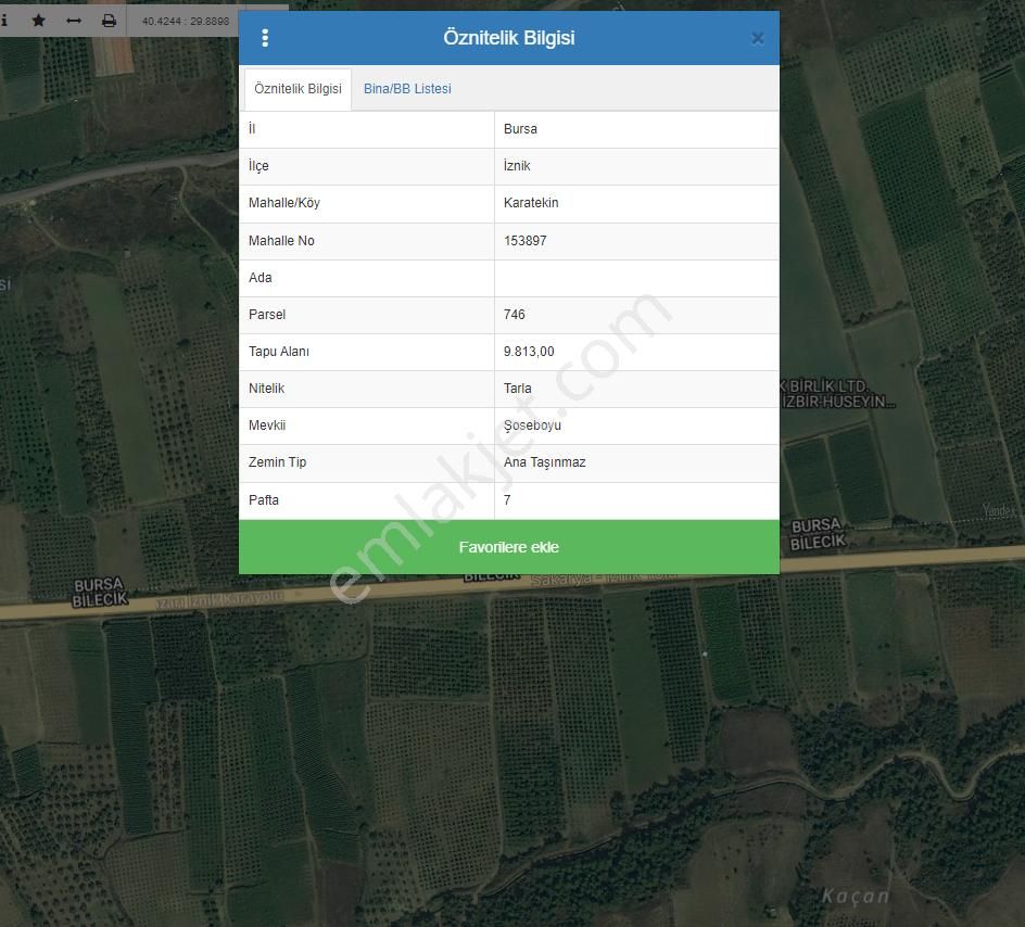 İznik Karatekin Satılık Tarla Bursa İznik Beşevler Kaynarca Yolu İstikametinde 9813 M2 Tarla