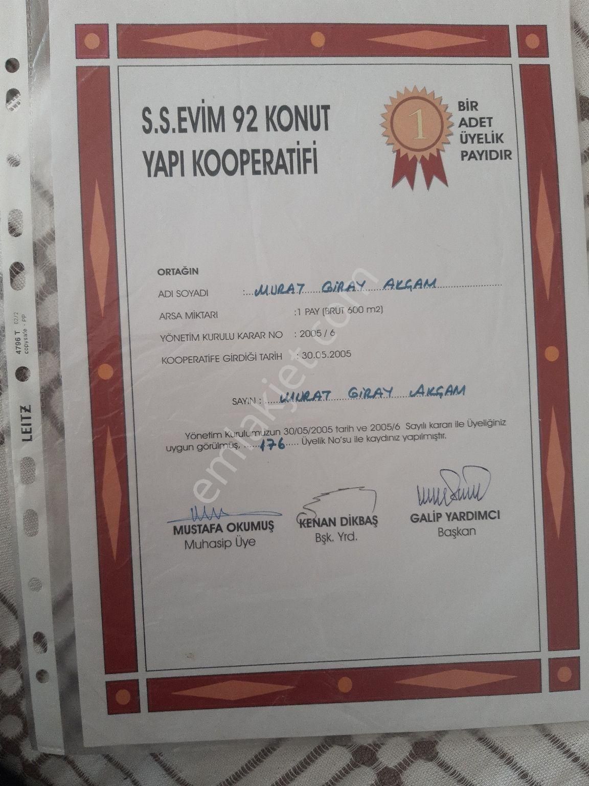 Gölbaşı Karagedik Aydın Satılık Toplu Konut İçin Kısa Süreliğine 600.000 Lira/evim 92 Konut Yapı Kooperatifinde Bir Daire Getirili Hisse