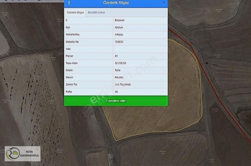Aziziye Adaçay Satılık Tarla ROTA GM'DEN AZİZİYE ADAÇAYDA SATILIK TARLALAR