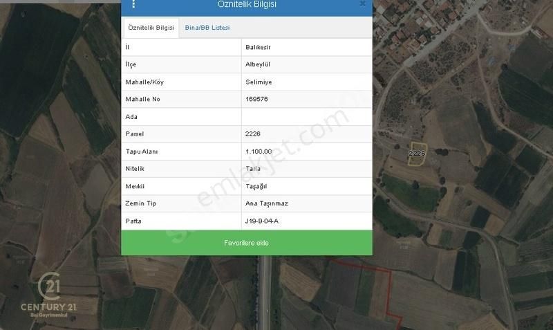 Altıeylül Selimiye Satılık Tarla CENTURY 21 BAL DAN ALTIEYLÜL SELİMİYE MHDE 1100 M2 SATILIK TARLA