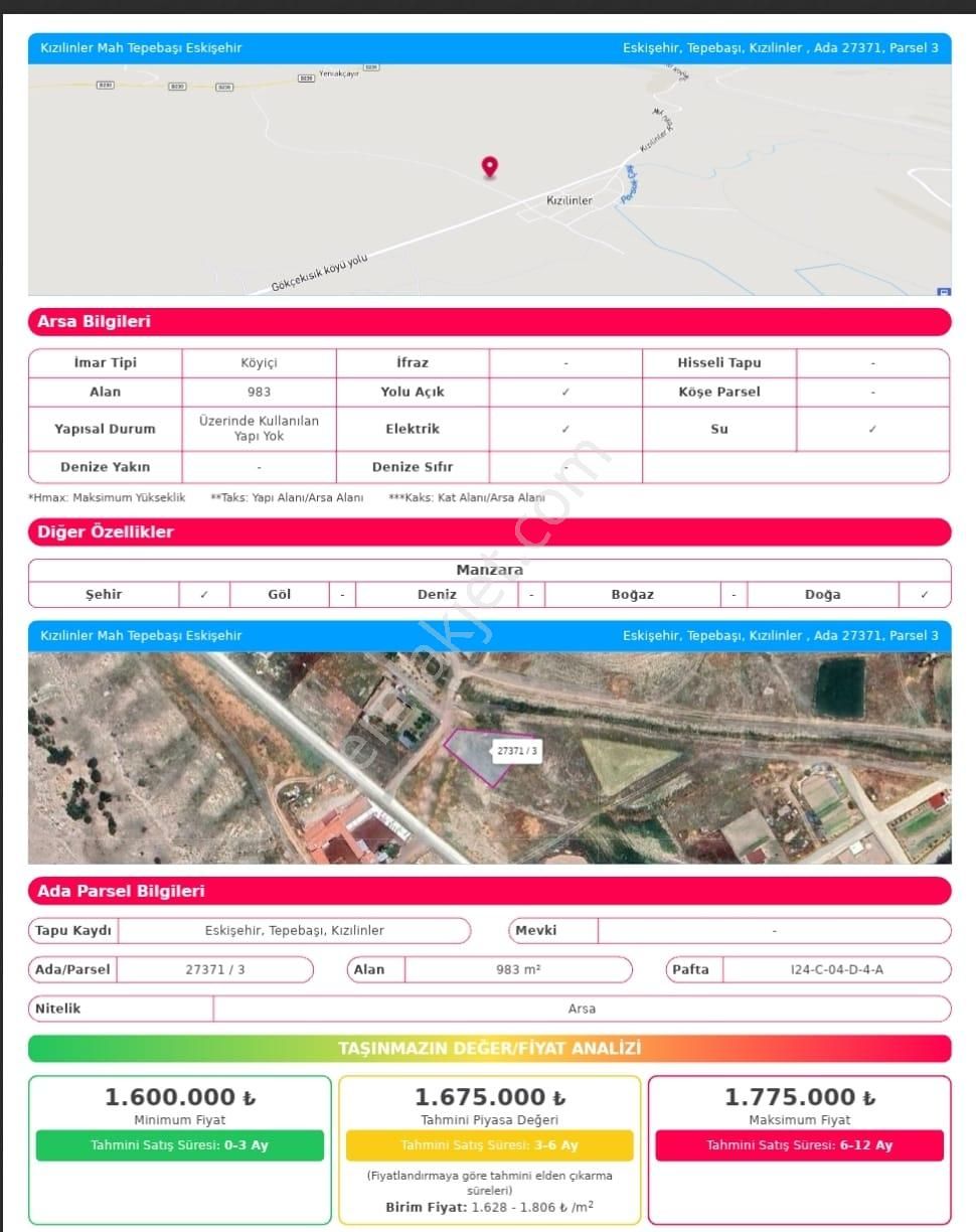 Tepebaşı Esentepe Satılık Konut İmarlı Kızılinler Mah. Satılık Fırsat Arsa