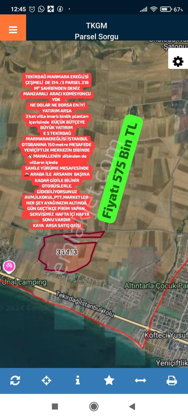 Marmaraereğlisi Çeşmeli Satılık Konut İmarlı TEKİRDAĞ MARMARA EREĞLİSİ ÇEŞMELİ  DE 314 /3 PARSEL 318 M² SAHİBİNDEN DENİZ MANZARALI  ARACI Komisyo