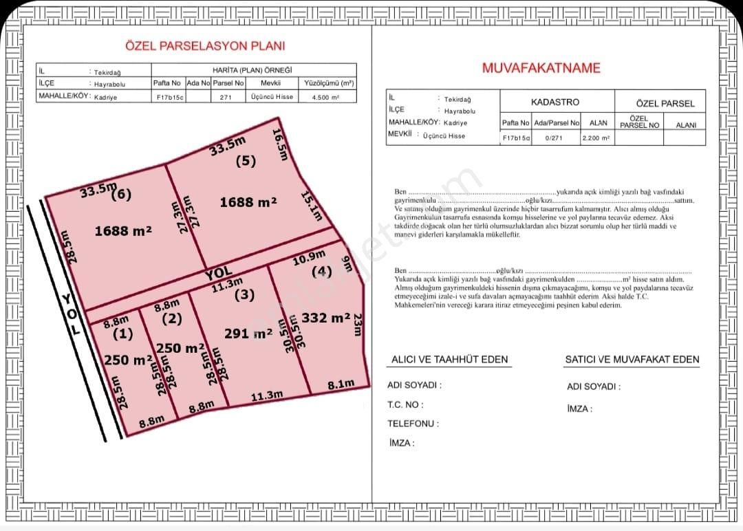 Hayrabolu Kadriye Satılık Tarla TEKİRDAĞ HAYRABOLU' DA ÇAPLI MUVAFAKAT NAMELİ ARSA