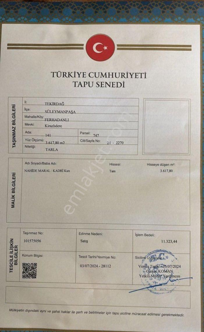 Süleymanpaşa Ferhadanlı Satılık Bağ & Bahçe Hafta sonuna kadar geçerli fiyat 