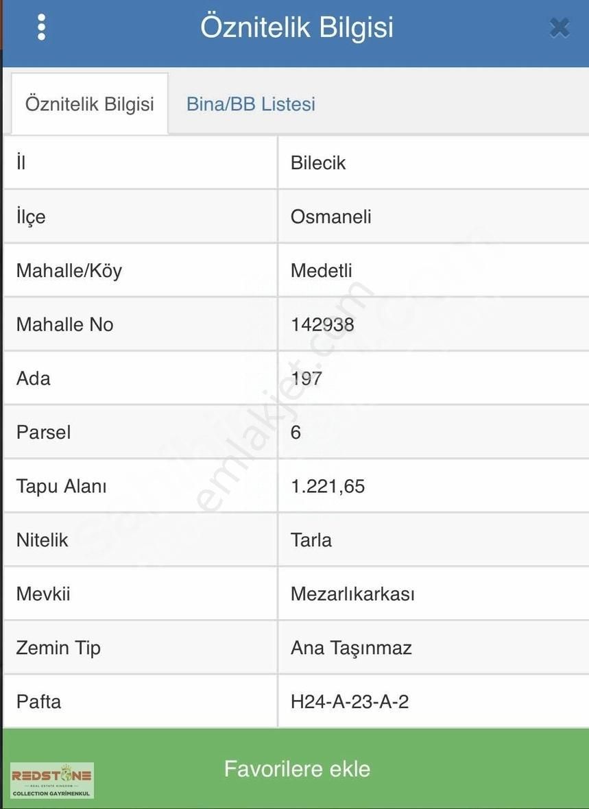 Osmaneli Medetli Köyü Satılık Tarla YOLA 90 METRE VE ARAÇ TAKASLI 1221 M2 TARLA