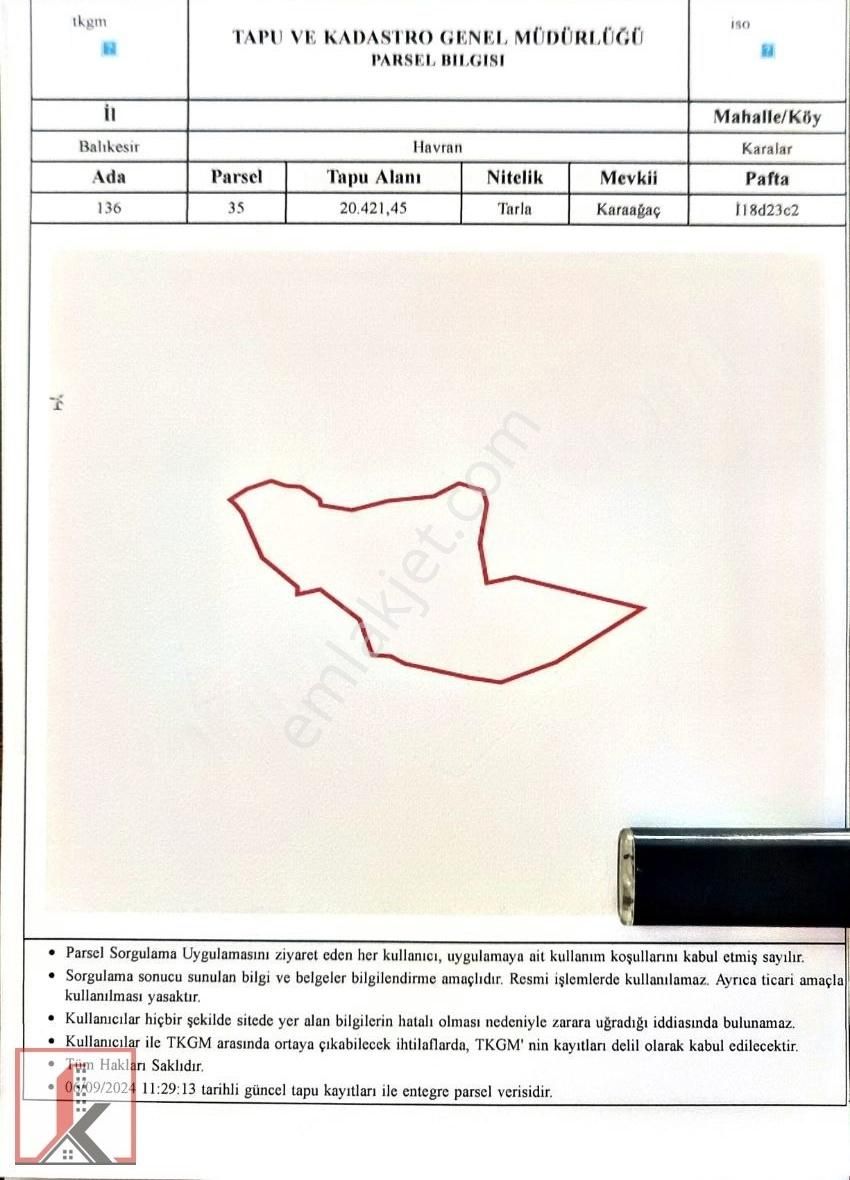 Havran Karalar Satılık Tarla Koçerler'den Havran'da 20dönüm Satılık Tarla