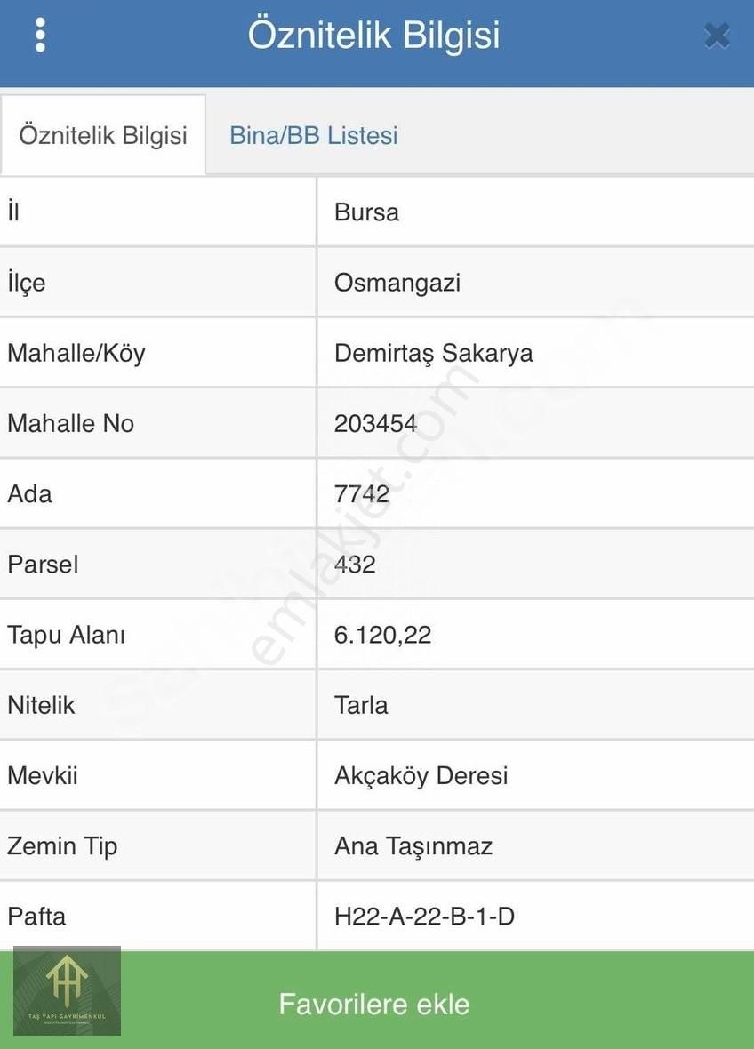 Osmangazi Demirtaş Sakarya Satılık Tarla Taş Gayrimenkul Demirtaş Sakarya'da 102 M2 Yola Cephe