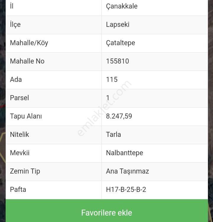 Lapseki Çataltepe Köyü Satılık Tarla Çanakkale Lapseki Çataltepe köyünde satılık tarla 