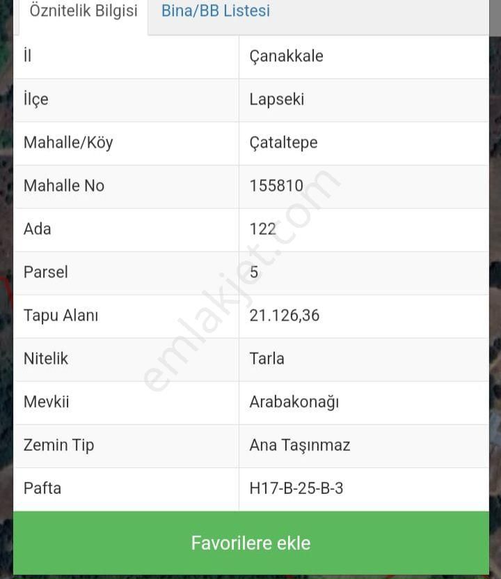 Lapseki Çataltepe Köyü Satılık Tarla Çanakkale Lapseki Çataltepe köyünde satılık tarla 