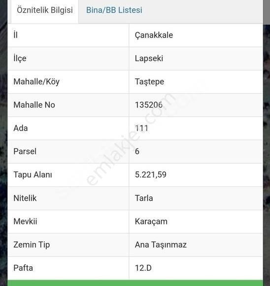 Lapseki Taştepe Köyü Satılık Tarla Çanakkale Lapseki taştepe 5221m² tek tapu