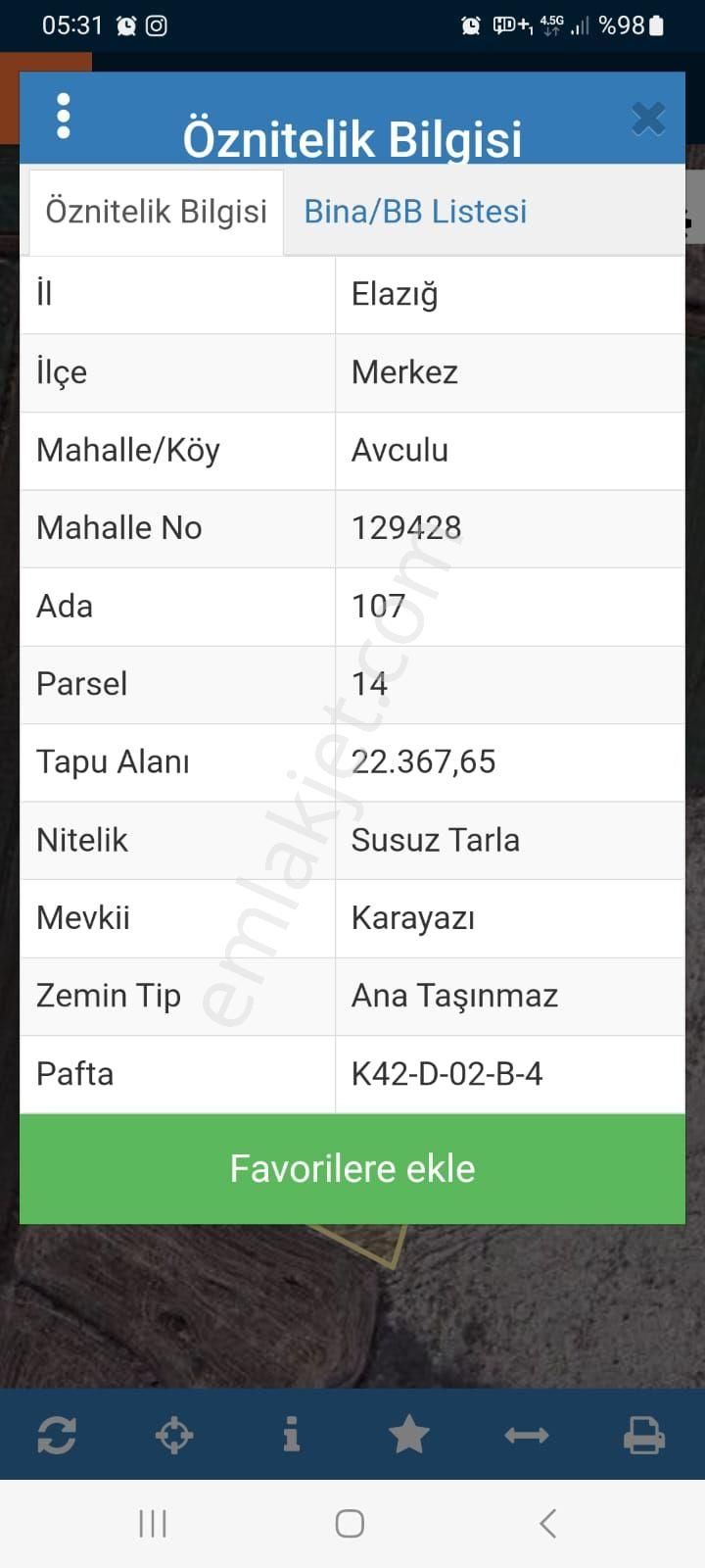 Elazığ Merkez Avcılı Köyü Satılık Tarla MEKA GAYRİMENKUL FARKIYLA ACİL SATILIK TARLA 