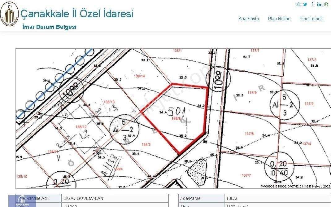 Biga Güvemalan Köyü (Güvem) Satılık Konut İmarlı Biga Güvemalanda 2,5 Kat Konut İmarlı 1127 m2 Satılık Arsa