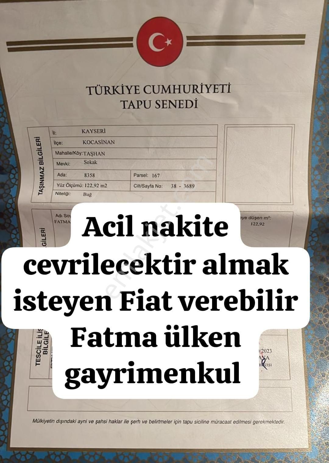 Kocasinan Erkilet Satılık Bağ & Bahçe FATMA ÜLKEN GAYRİMENKUL 