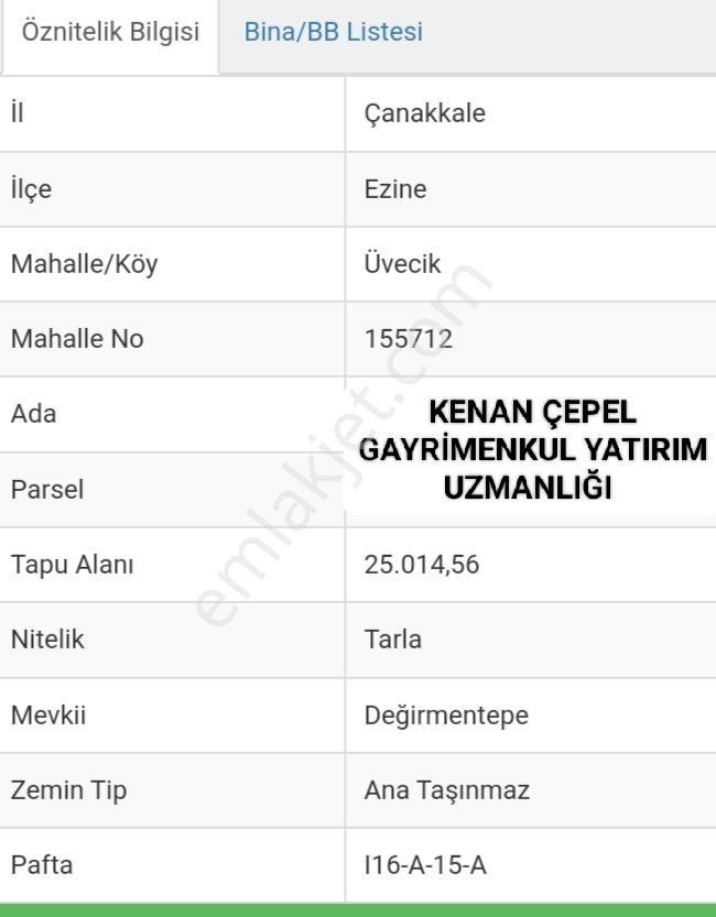 Ezine Üvecik Köyü Satılık Ticari İmarlı ÇANAKKALE EZİNE ÜVECİK KÖYÜ 25 DÖNÜM 014.56M2 İMAR SINIRI 