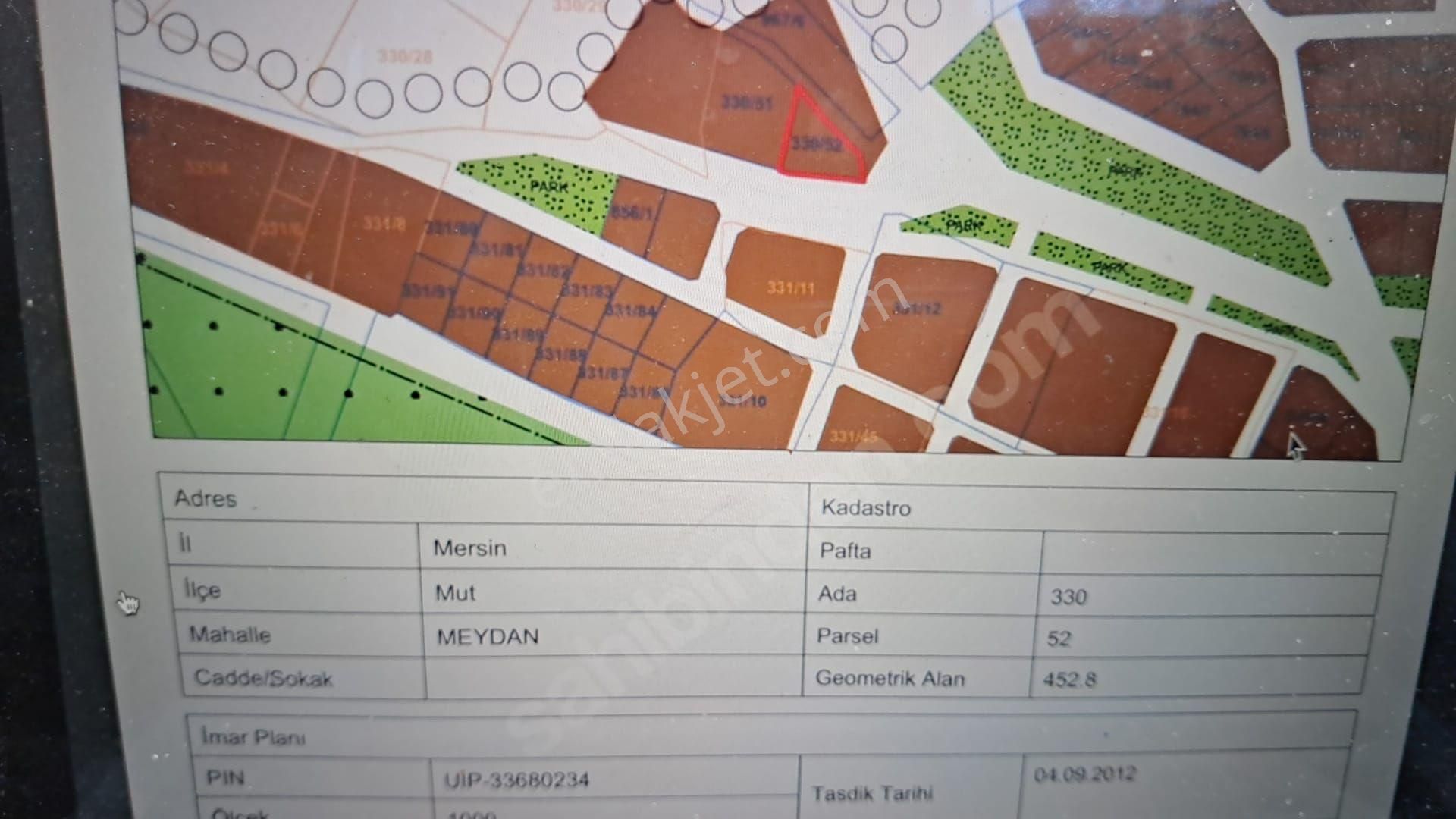 Mut Meydan Satılık Konut İmarlı MERSIN MUT MEYDAN MAH. 453 M2 KONUT IMARLI SATILIK ARSA