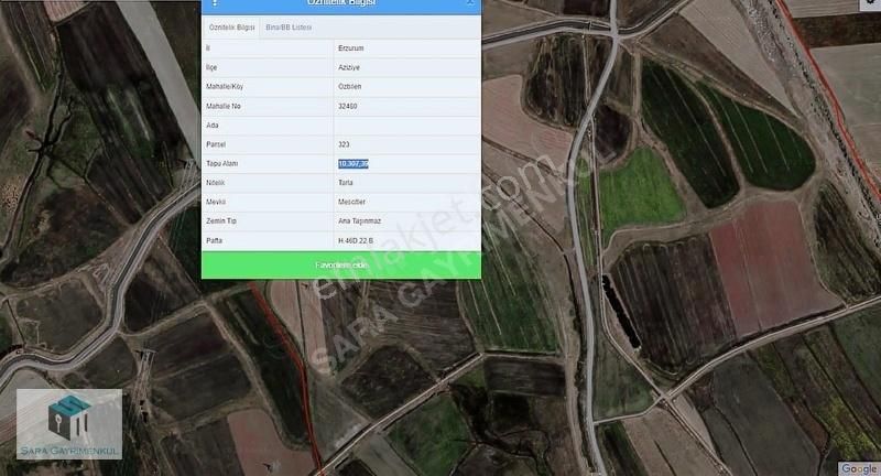 Aziziye Özbilen Satılık Tarla ŞARA EMLAK'TAN ÖZBİLEN MAHALLESİNDE 10.307,39 M2 ARSA
