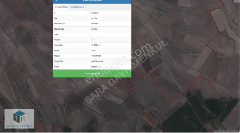 Aziziye Özbilen Satılık Tarla ŞARA EMLAK'TAN AZİZİYE ÖZBİLEN'DE SATILIK 12.742MT SULU TARLA