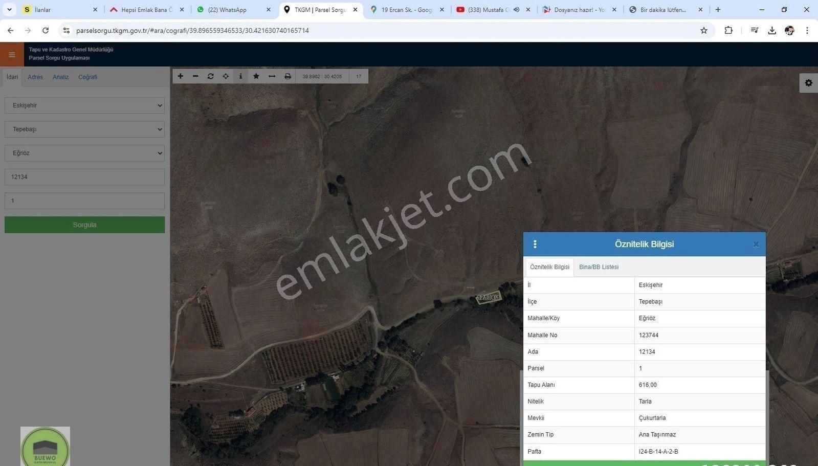 Tepebaşı Eğriöz Satılık Tarla Buewo'dan Eğriöz Mah. 616 M² Köy Yakını Hobi Bahçelik Satılık Tarla