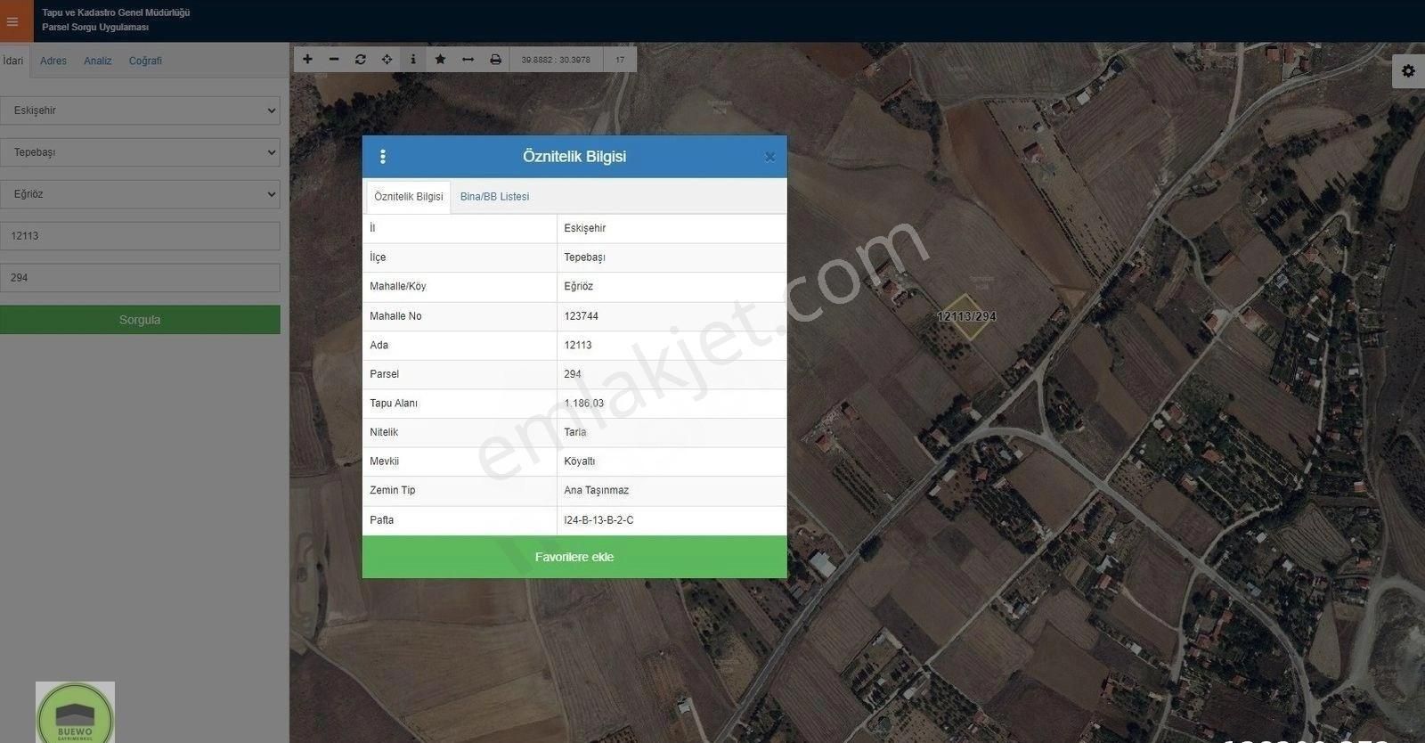 Tepebaşı Eğriöz Satılık Tarla Buewo'dan Eğriöz Mah. 1186 M² Mükemmel Konumda Satılık Tarla