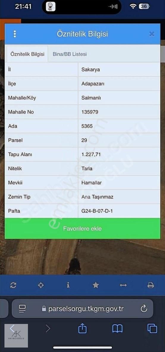 Adapazarı Salmanlı Satılık Tarla Adapazarı Salmanlı'da 1227m² Tarla