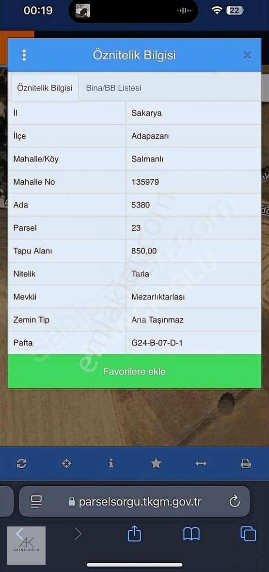 Adapazarı Salmanlı Satılık Tarla Adapazarı Salmanlı'da 850m² Tarla