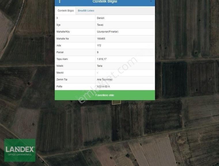 Tavas Pınarlar Satılık Tarla LANDEX OFFICE den Tavas UZUNPINAR da 1816 m2 Tarla