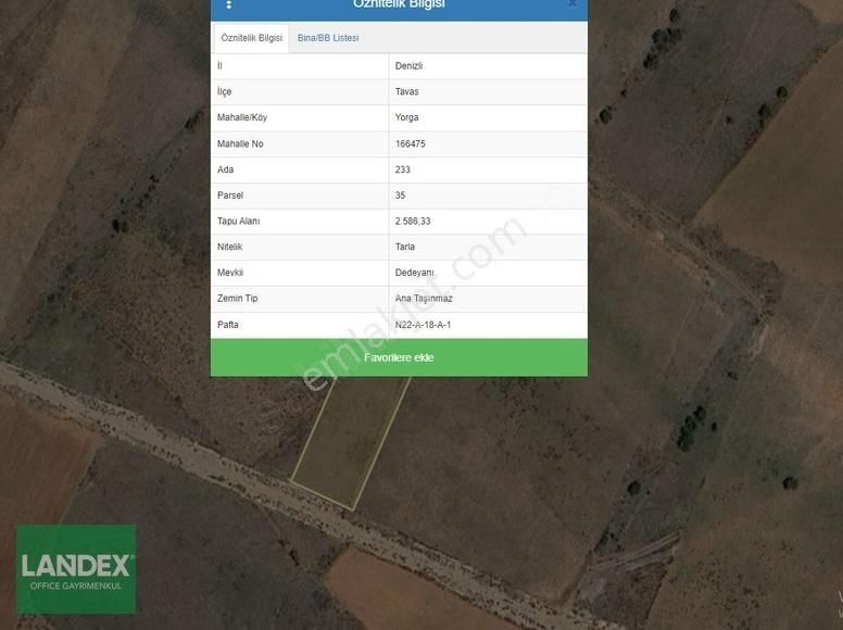 Tavas Yorga Satılık Tarla LANDEX OFFICE den Tavas Yorga da 2587 m2 Tarla