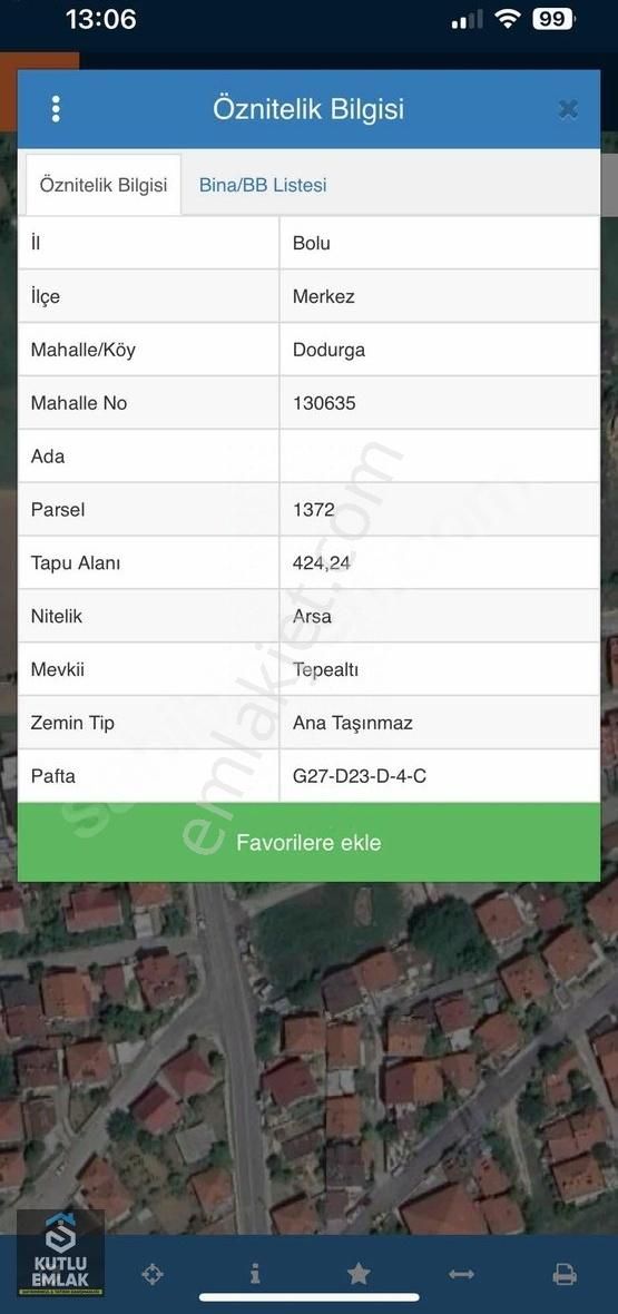 Bolu Merkez Dodurga Satılık Konut İmarlı DODURGA MAH 424 M2 3 KAT İMARLI SATILIK ARSA