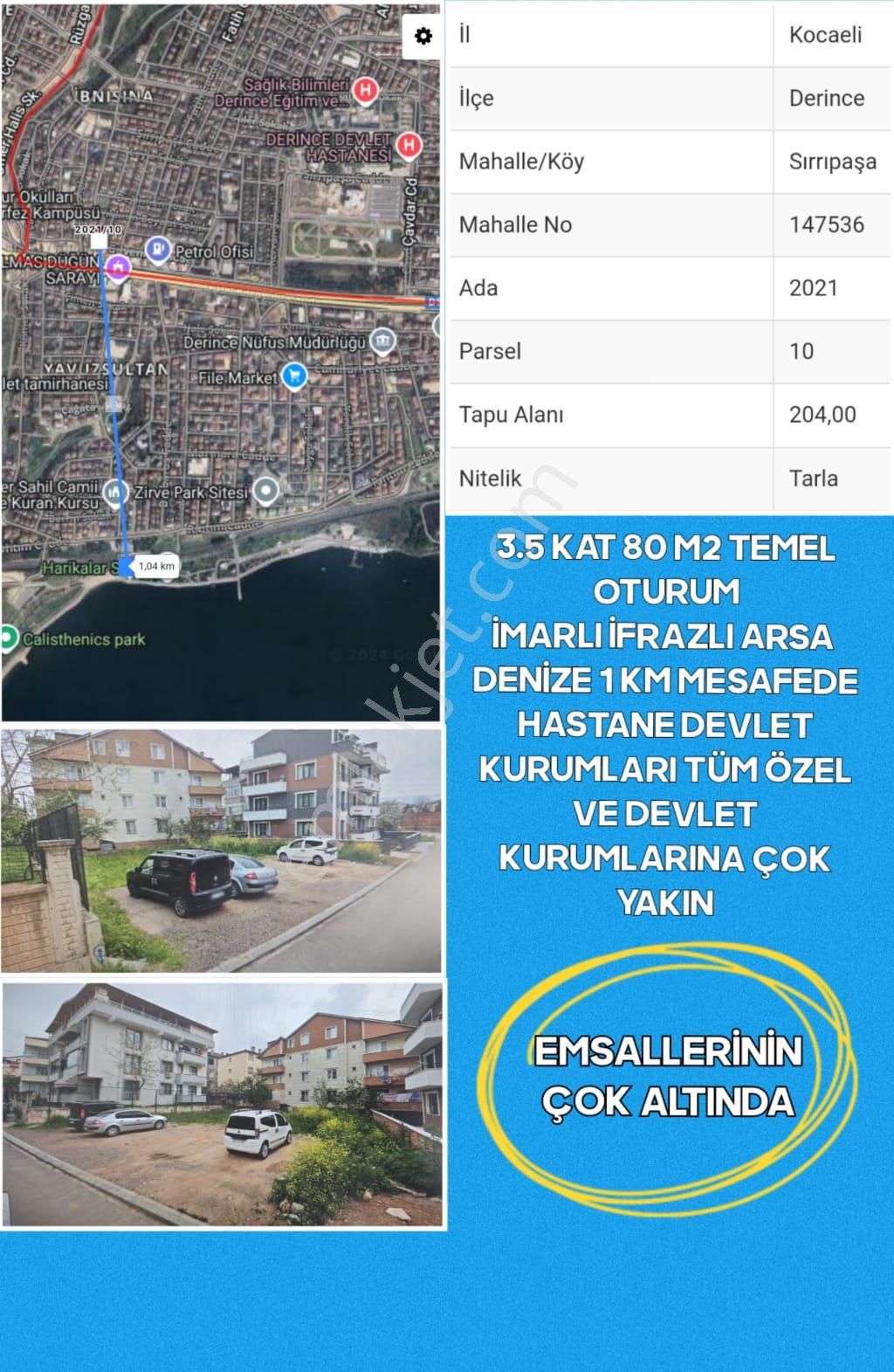 Derince Sırrıpaşa Satılık Tarla KOCAELİ DERİNCE SIRRIPAŞA MAHALLESİ 204 M2 İMARLI İFRAZLI ARSA DENİZE 1 KM MESAFEDE FIRSAT ARSA   