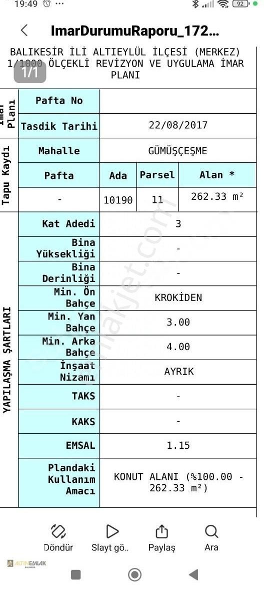 Altıeylül Gümüsçesme Satılık Konut İmarlı BALIKESİR GÜMÜŞ ÇEŞME'DE SATILIK 3 KAT İMARLI ARSA