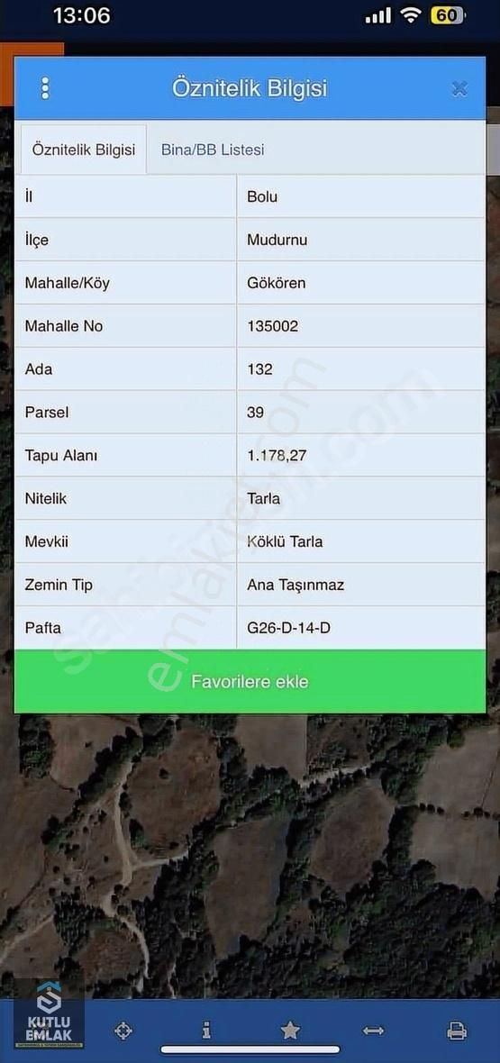 Mudurnu Gökören Köyü (Merkez) Satılık Tarla MUDURNU GÖKÖREN KÖYÜ KAYAPINAR MAH. 1178 M2 SATILIK TARLA