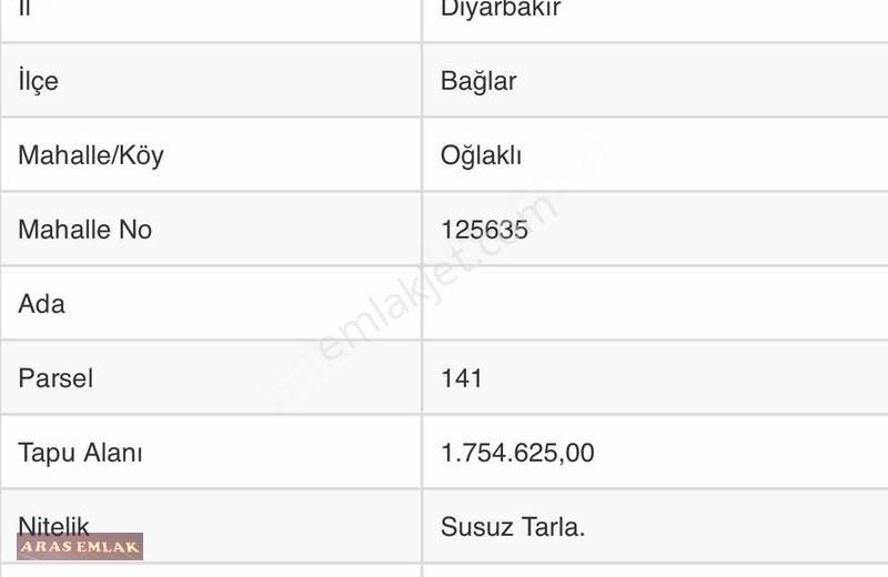 Bağlar Oğlaklı Satılık Tarla ^ARAS EMLAKTAN^ OĞLAKLI YENİ TOKİ PROJE YANI 141 PARSEL 8 DÖNÜM