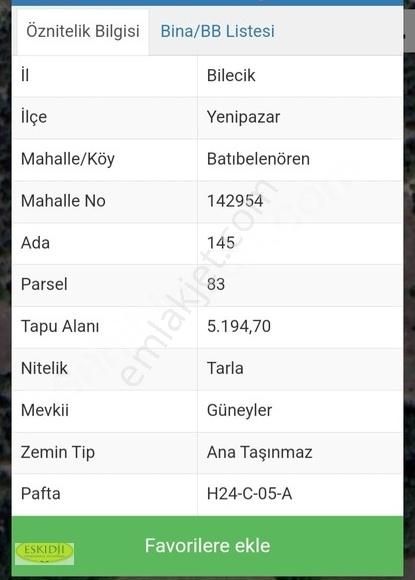 Yenipazar Batıbelenören Köyü Satılık Tarla BİLECİK Y.PAZAR BATIBELENÖREN KÖYÜ 5.194m2 %5 İMARLI YATIRIMLIK