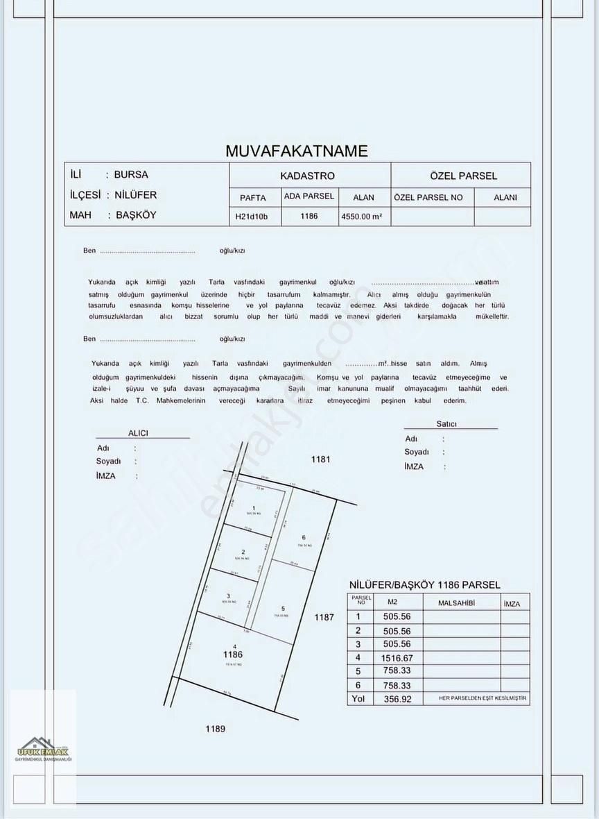 Nilüfer Başköy Satılık Tarla UFUK EMLAK GAYRİMENKUL'DEN SATILIK MUVAFAKATNAME'Lİ HİSSE