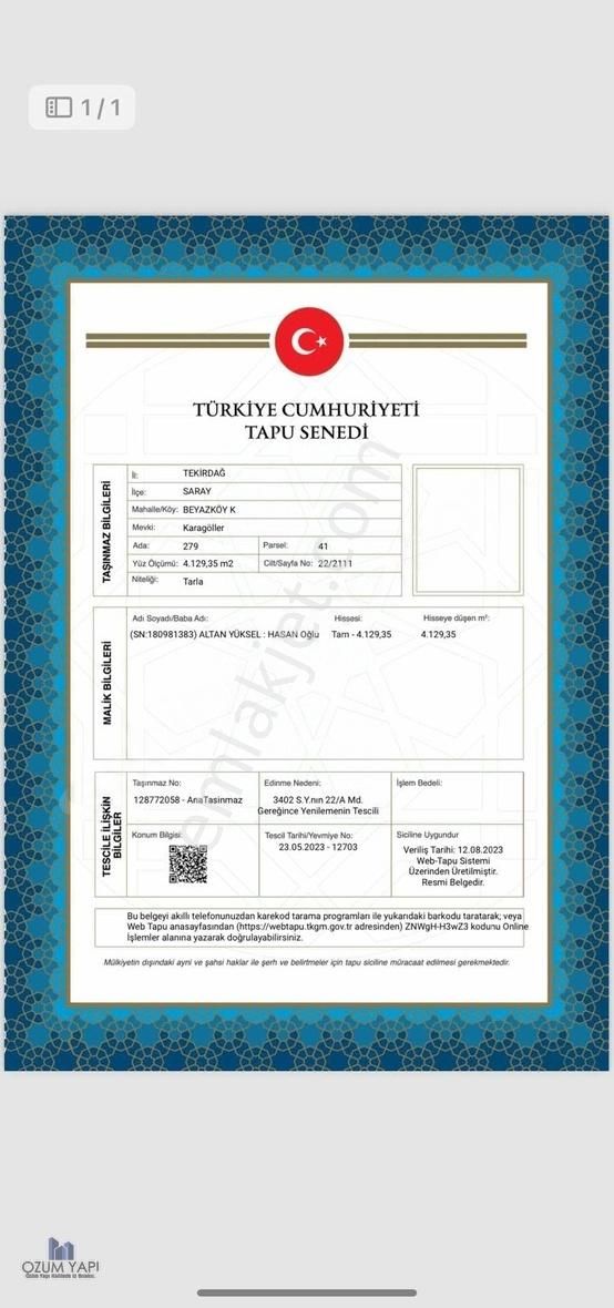 Saray Beyazköy Satılık Tarla Tekirdağ Sarydan Fırsat Satılık Arsa