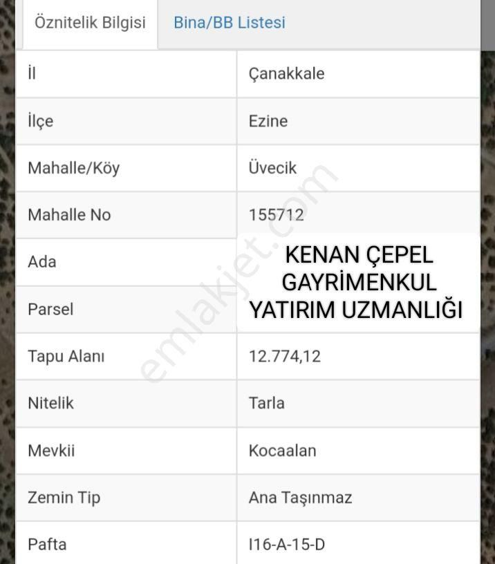 Ezine Üvecik Köyü Satılık Tarla ÇANAKKALE EZİNE ÜVECİK KÖYÜ 12 DÖNÜM 774.12 M2 ZEYTİNLİK 110 ADET ZEYTİN AĞAÇ VAR YOL VAR 