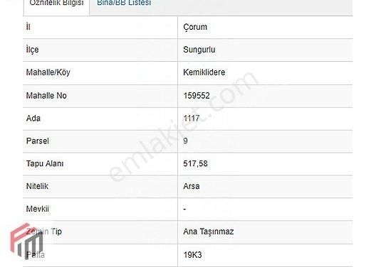 Sungurlu Örnekevler Satılık Konut İmarlı SUNGURLU ÖRNEK EVLR MAHALLESİ KEMİKLİ DERE MEVKİNDE SATILIK ARSA