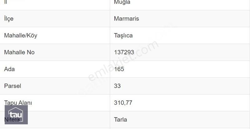 Marmaris Taşlıca Satılık Tarla Marmaris Taşlıca'da Serçe Koyu Üzerinde 310m2 Yatırımlık Tarla