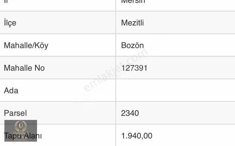 Mezitli Bozön Satılık Tarla *ÜN-ER*BOZÖN DE SATILIK ARAZİ 1940 M2