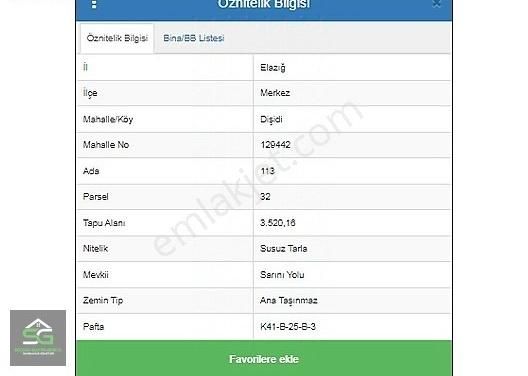 Elazığ Merkez Hıdırbaba Köyü (Gürdal) Satılık Tarla Elazığ Merkez Satılık Bahçelik Tarla Hıdırbaba (dişidi) Köyünde