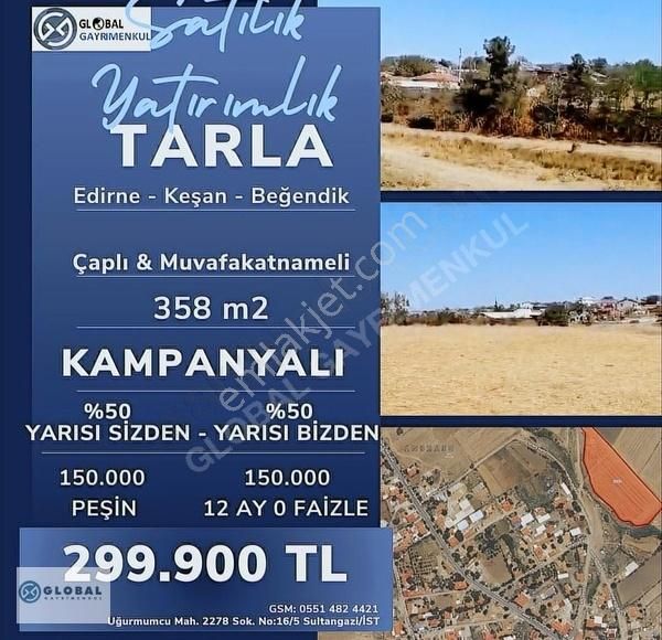 Keşan Beğendik Bld. (Yeni) Satılık Tarla %50 YARISI SİZDEN %50 YARISI BİZDEN 12 AY 0 FAİZLİ- GLOBAL ARSA