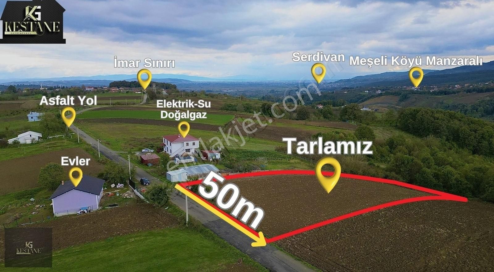 Serdivan Kızılcıklı Satılık Tarla Elektrik Su Doğalgaz Ve Köy Manzarası Var| İmara 675m Uzakta