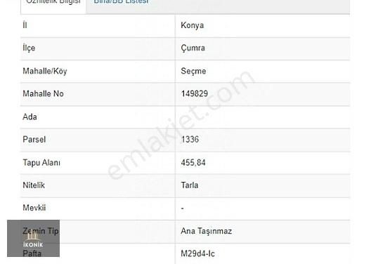 Çumra Seçme Satılık Tarla İkonikten Çumra Seçme Köy Tapulama 18320 M2 Satılık Tarla