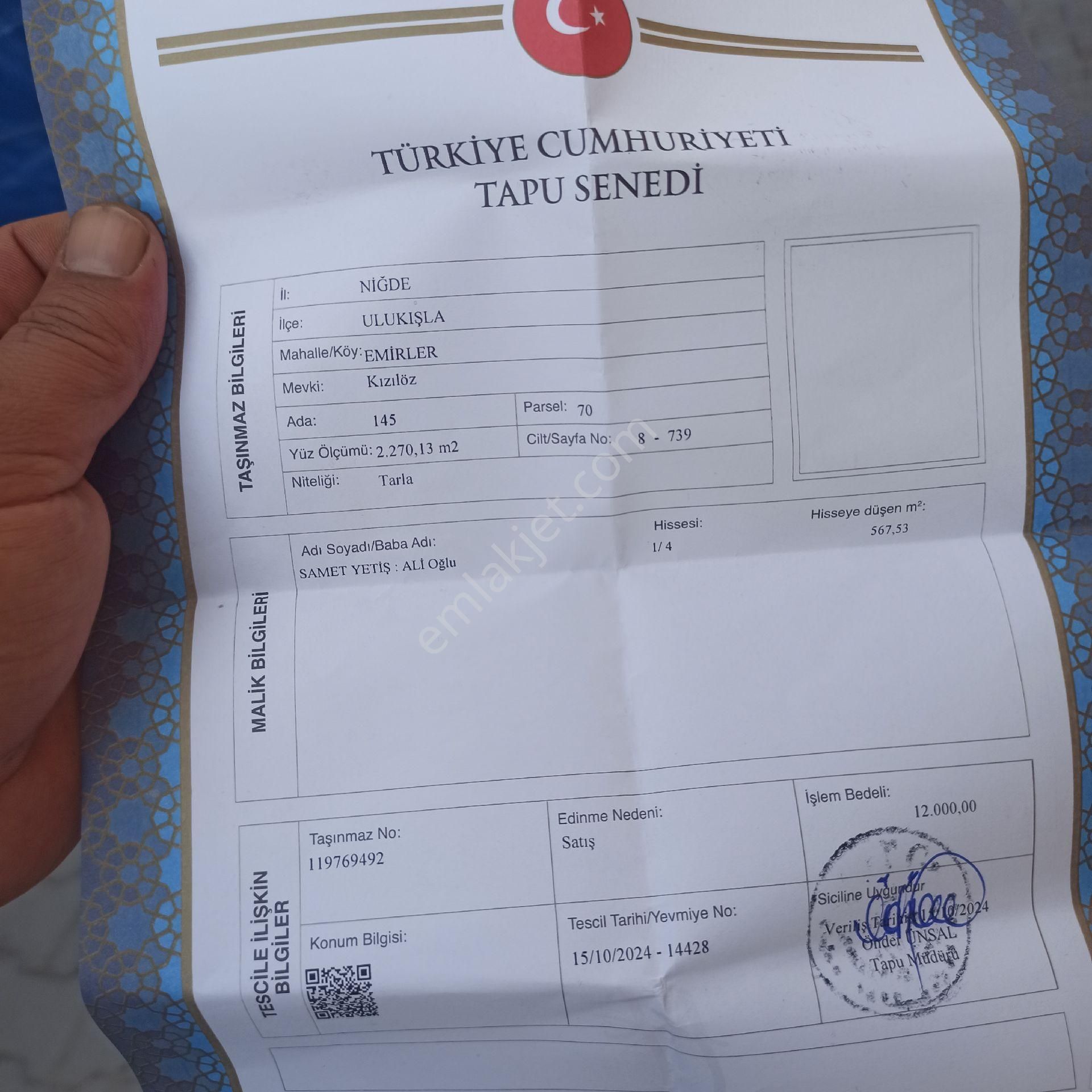 Ulukışla Emirler Köyü Satılık Tarla Kılan satılık tarla 