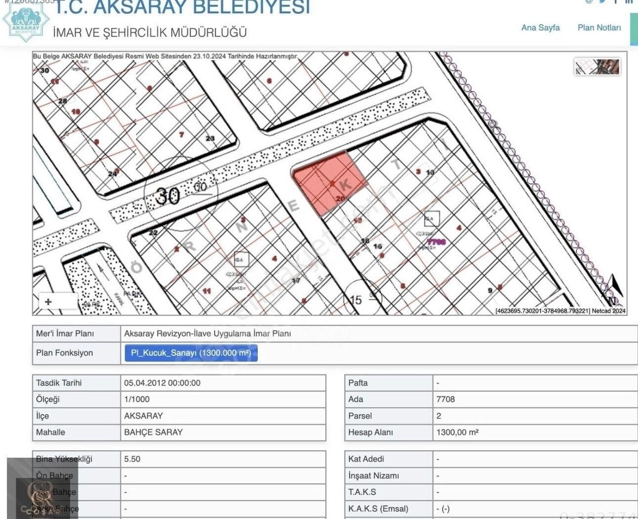 Aksaray Merkez Bahçesaray Satılık Konut İmarlı -COŞAR GYO GÜVENCESİYLE- YENİ SANAYİİ'DE KÖŞE BAŞI 1300m2 ARSA