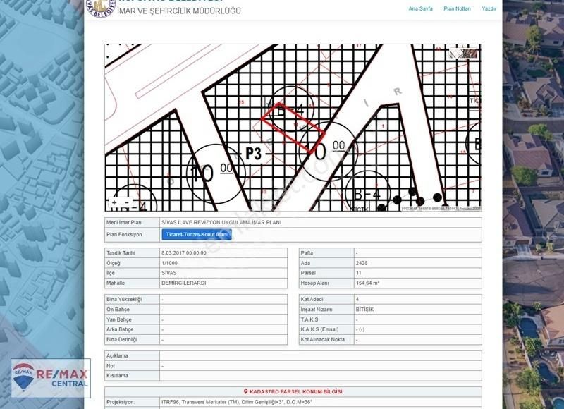 Sivas Merkez Demircilerardı Satılık Konut İmarlı RE/MAX CENTRAL DAN YATIRIMA UYGUN ETÜDÜ HAZIR MERKEZDE ARSA