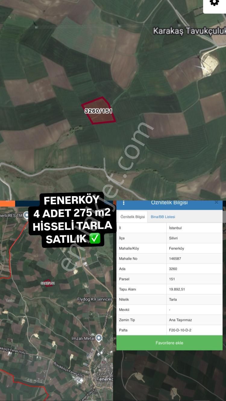 Silivri Fener Satılık Tarla Acil Satılık Silivri Fenerköy 275m2 Kaçmaz Fırsat Yola Yerleşime Yakın Yatırımlık Arsa