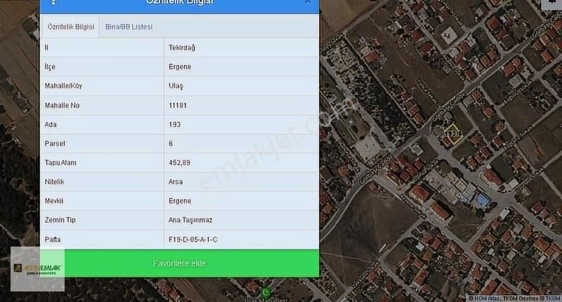 Ergene Ulaş Satılık Konut İmarlı ERGENE ULAŞ SATILIK ARSA 453 m² 3 KAT 0,90 EMSAL
