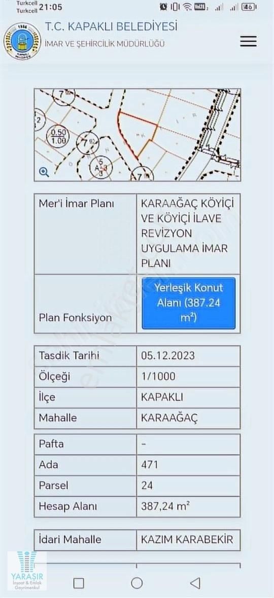 Kapaklı Kazım Karabekir Satılık Konut İmarlı KAPAKLI KARAAĞAÇ 387M² 8 DAİRELİK KÖŞE ARSA HIZLI TREN BÖLGESİ