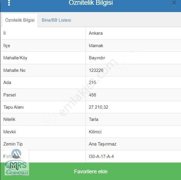 Mamak Bayındır Satılık Tarla MRS'DEN ANKARA'DA (BAYINDIR'DA) SATILIK TARLA